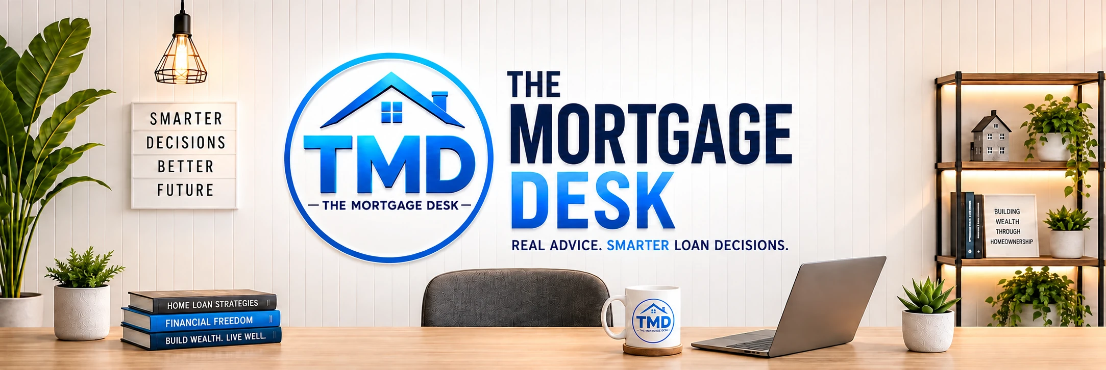The Mortgage Desk blue logo in a bright white office with a desk
